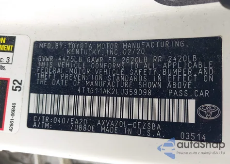 2020 Toyota Camry Se z USA, uszkodzony, nr VIN 4T1G11AK2LU359098